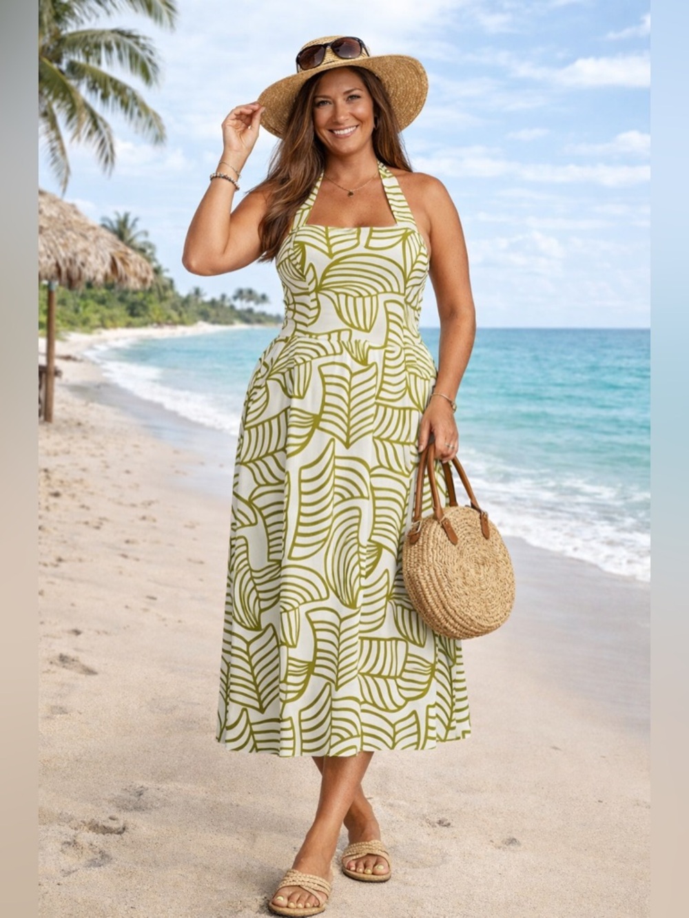 NWT Lucy Paris Plus Green Tropical Leaf Halter Midi Dress 2X Linen Cotton